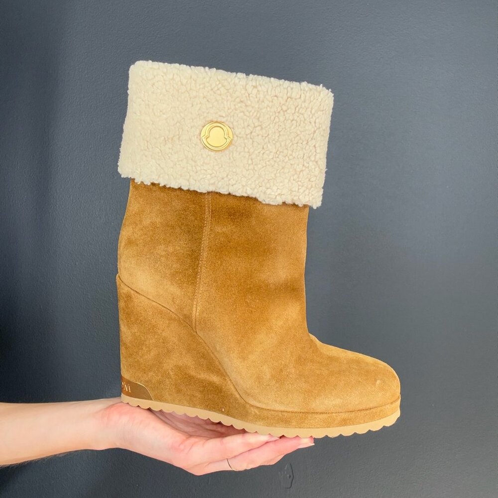 Moncler Suede and Shearling Wedge Heeled Boots - Picture 4 of 4